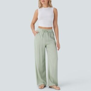 Halara High Waisted Drawstring Pocket Wide Leg Casual Linen-Feel Pants